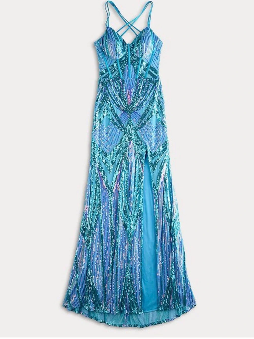 Turquoise Sequined Spaghetti-Strap Evening Gown size 7